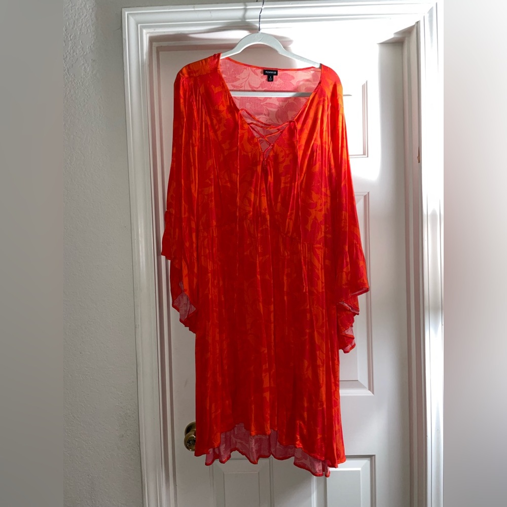 Lace Up Hi-Low Babydoll Dress - Stretch Challis Floral Orange